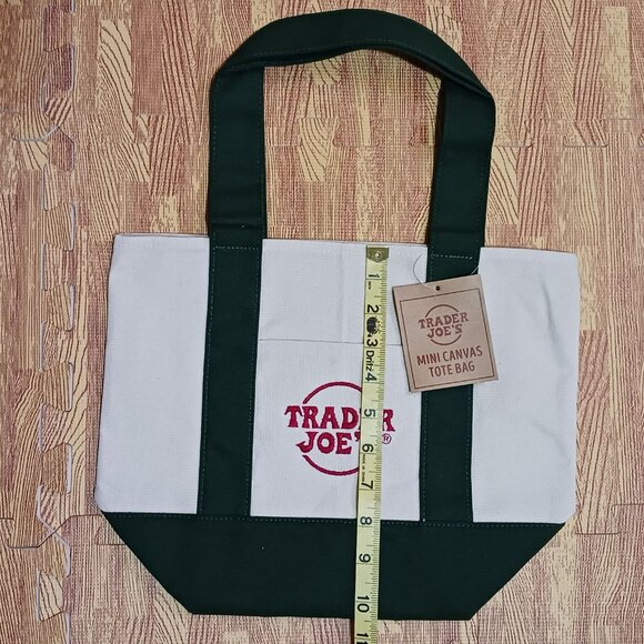 Trader Joe's Mini Canvas Tote Bag Cream Green Straps Red Embroidery - Picture 3 of 4